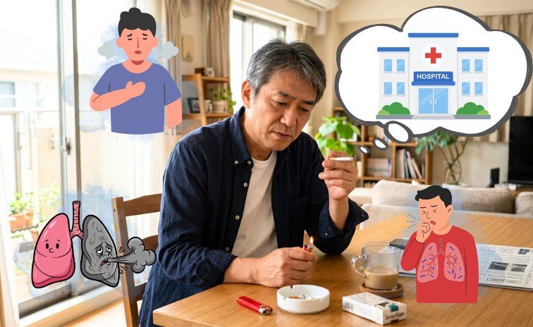 喫煙している男性の肺の症状と禁煙外来を検討している様子