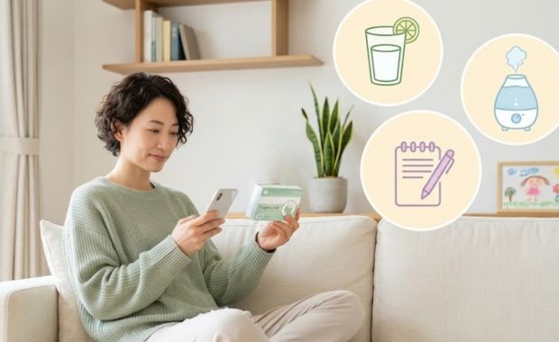 リビングのソファに座り、手元の市販薬を見ながらスマホで情報を調べている女性