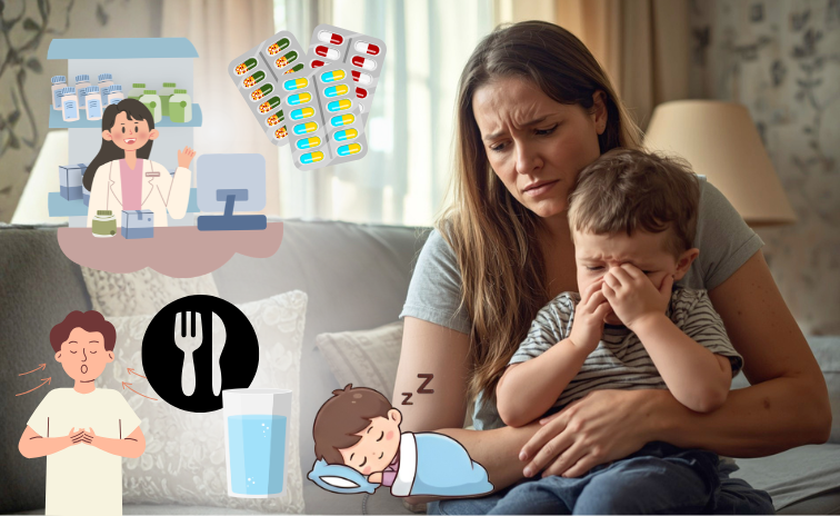 子供の咳に対して、呼吸、食事、水分、眠り、咳の続き方を合わせて判断している様子