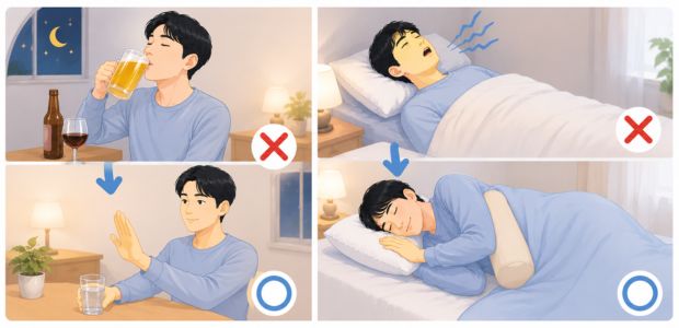 いびきを軽くするために生活するうえでできる工夫をする様子