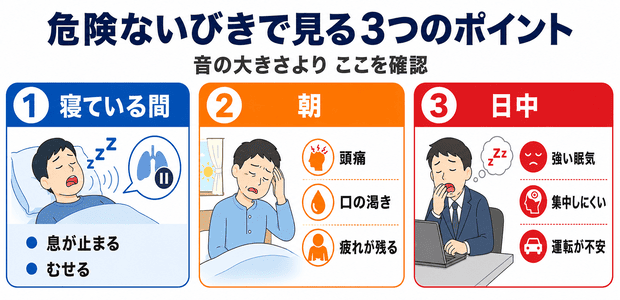 寝ている間の様子、朝起きたときの様子、日中の様子から危険ないびきを見分けるポイントを表した図解