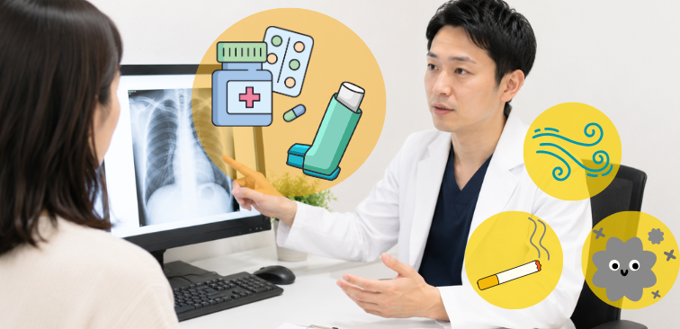 呼吸器内科で検査後、原因に合わせて治療方針を医師が説明している様子