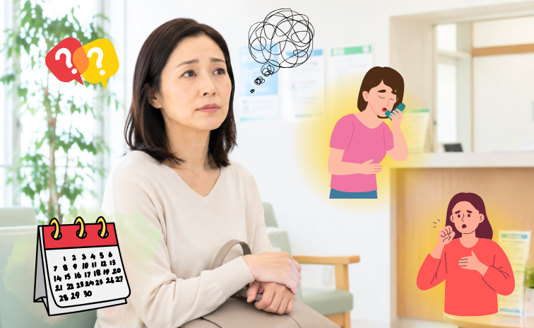 長引く咳の原因を考えている女性