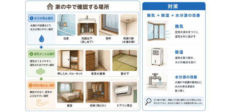 夏型過敏性肺炎で確認したい住環境のポイントの図解