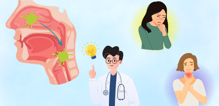 医師が副鼻腔炎でも咳が出ると説明している様子