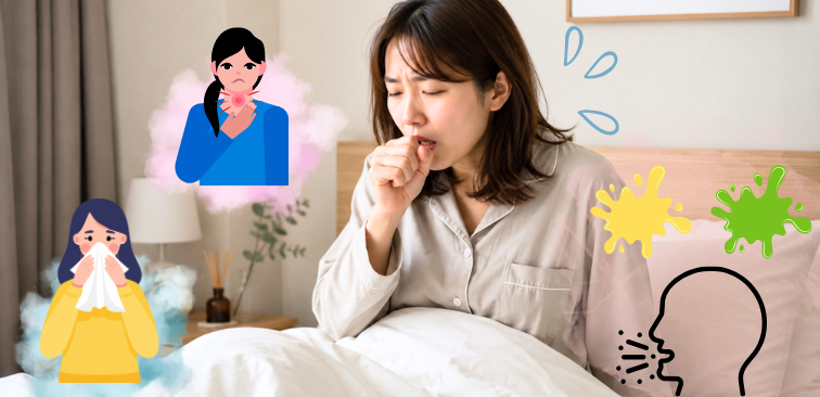 副鼻腔炎による痰が絡む咳や、鼻水や鼻づまりを伴う咳をしている女性の様子