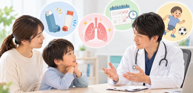 小児喘息の子どもと保護者が医師から薬や吸入治療の説明を受けている様子