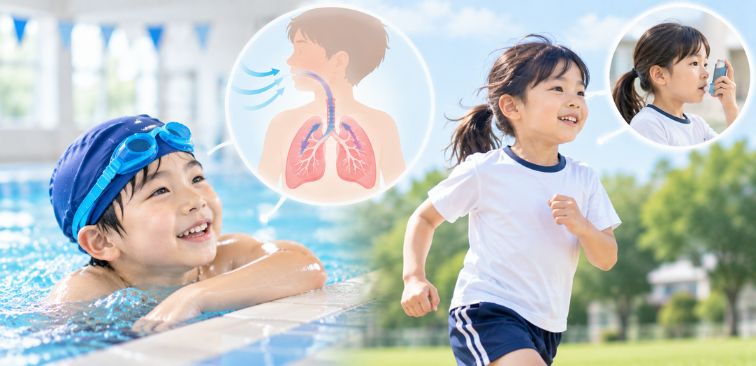 小児喘息の子どもが水泳や運動をしている様子