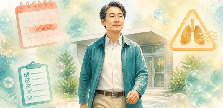 呼吸器内科へ相談に向かう男性と検討の目安