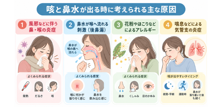 咳と鼻水が出る時に考えられる原因について整理した図解