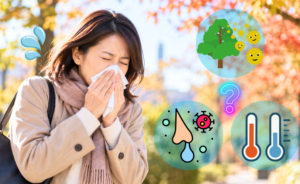 秋の花粉症あるいは風邪や寒暖差による症状なのか悩んでいる女性