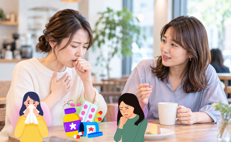 会話中に咳き込んでしまう女性の様子