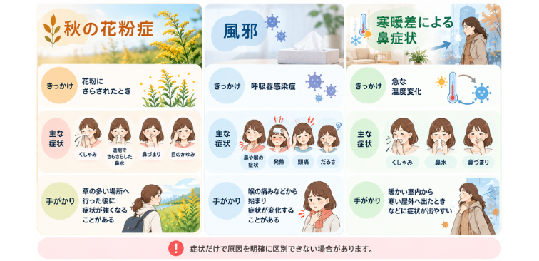 秋の花粉症、風邪、寒暖差による鼻症状のきっかけ、症状、手がかりの比較
