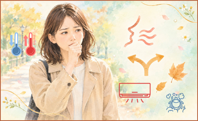 秋になり咳が出ている女性とその原因の例
