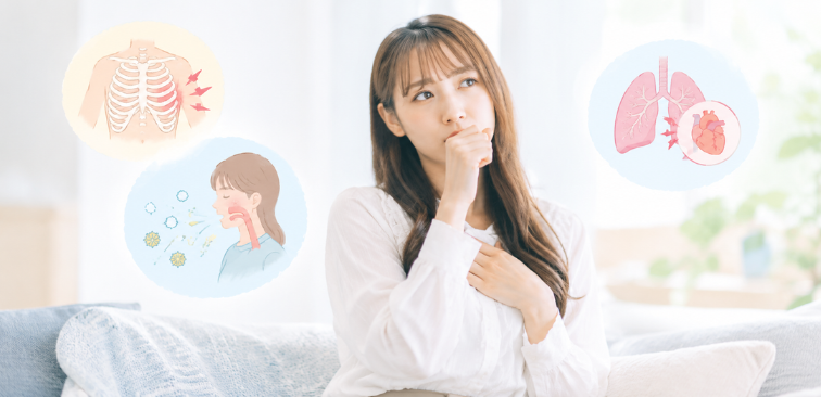 咳による胸の痛みの原因を考えている女性